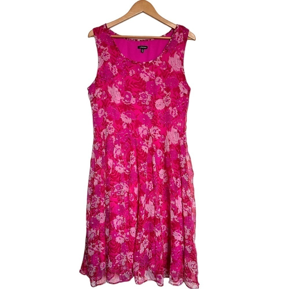 J. Peterman Silk Chiffon Floral Fit and Flare Dress in Fuchsia Multi 14